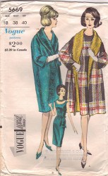 5669 1962 VOGUE SHEATH DRESS, SHAWL COLLAR WRAP COAT PATTERN 10 31'' BUST